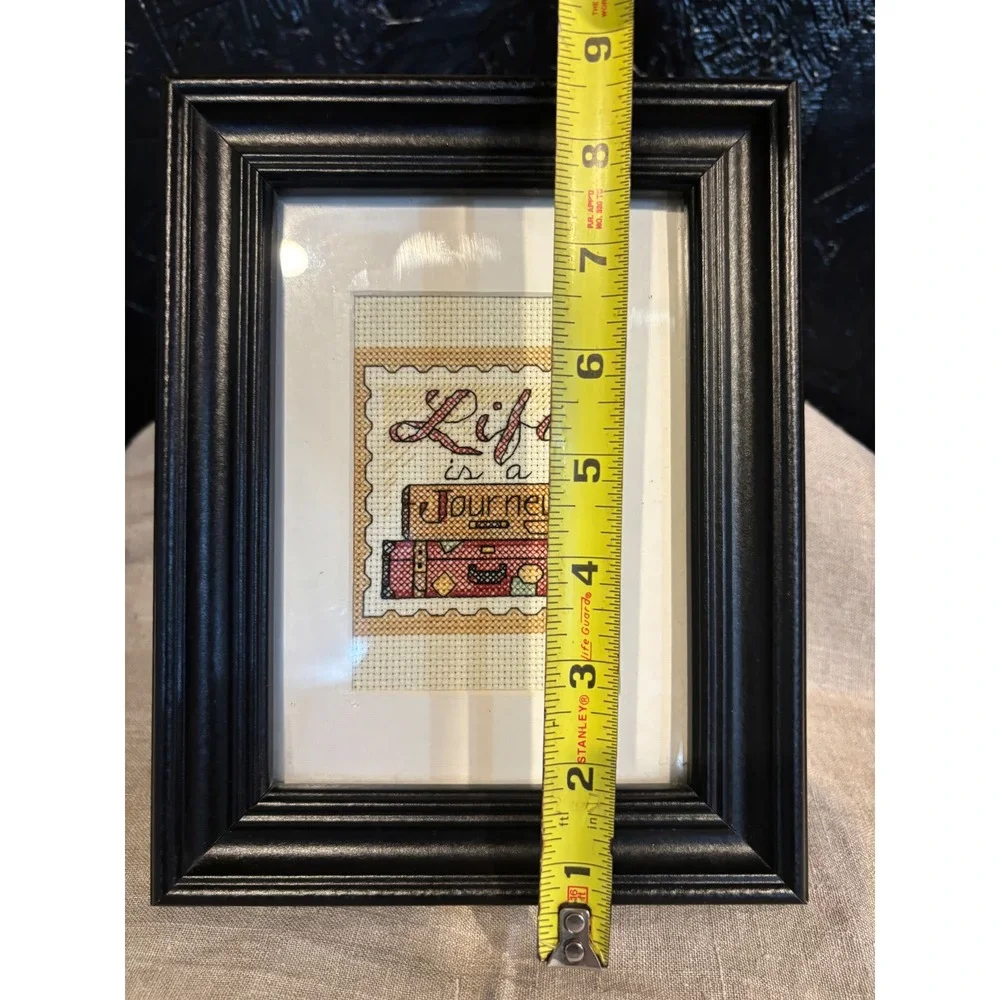 Life is a Journey Cross Stitch Framed Art Travel Suitcase Wall Decor Black 6x8
